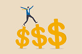 Growth earning investment, increasing income and bonus in career or success in financial business concept, businessman professional manager walking and jumping on growth golden dollar signs.