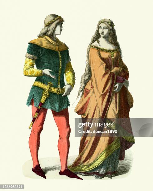 14 世紀的中世紀時尚,騎士貴族女士。 - circa 14th century 幅插畫檔、美工圖案、卡通及圖標