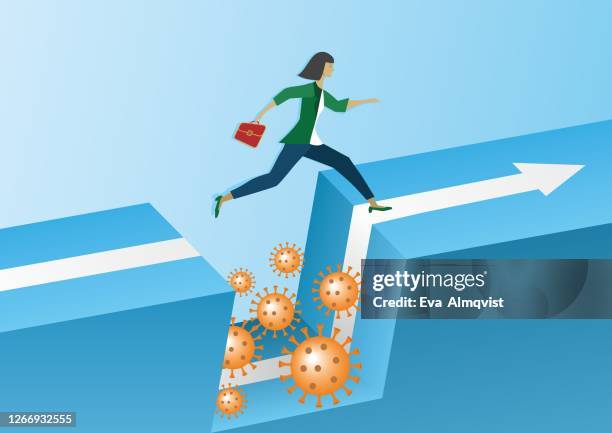 businesswoman running, jumping over a gap with new corona virus. vector illustration.. - indian market stock illustrations