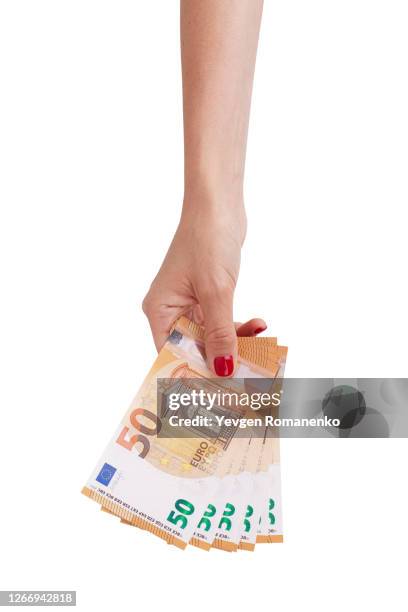 woman's hand holds 50 euro bills, isolated on white background - euro 2020 個照片及圖片檔