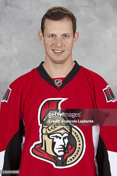 Jason Spezza of the Ottawa Senators poses for his official headshot for the 2011-2012 season on September 16, 2011 at Scotiabank Place in Ottawa,...