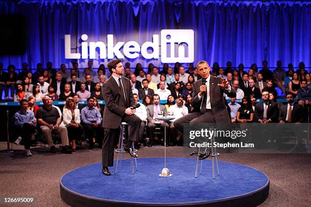 LinkenIn Corp CEO Jeff Weiner , and U.S. President Barack Obama, , field a question from the audience during town hall meeting hosted by Linkedin...