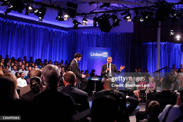 LinkenIn Corp CEO Jeff Weiner , and U.S. President Barack Obama, , field a question from the audience during town hall meeting hosted by Linkedin...