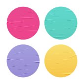 Glued color round stickers set isolated on white background. Vector realistic crumpled posters bundle. Wet greased wrinkles blank template texture. Empty advertising circles mockup for creative design.