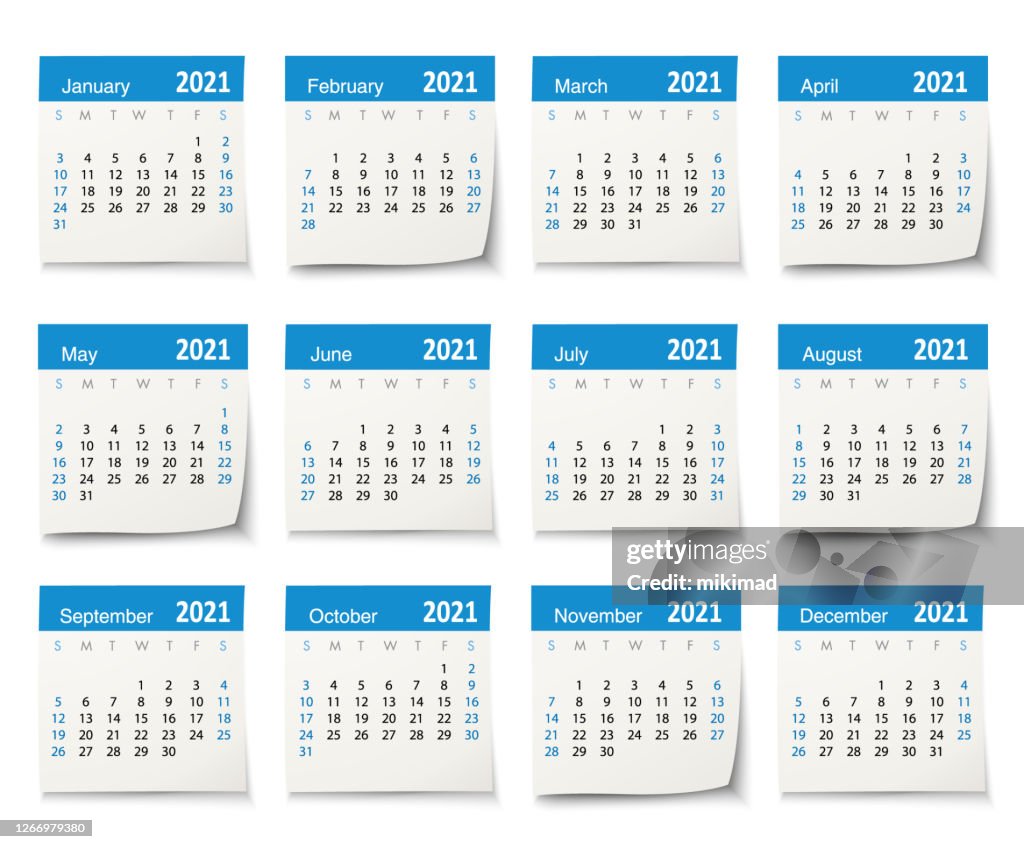 日曆 2021 向量設計範本周從星期日開始,隔離在白色背景上。日曆紙葉。