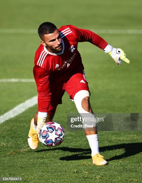 Anthony Lopes of Olympique Lyon trains during a training session ahead of their UEFA Champions League Semi Final match against Olympique Lyonnais at...