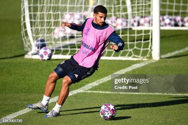 Houssem Aouar of Olympique Lyon trains during a training session ahead of their UEFA Champions League Semi Final match against Bayern Munich at...