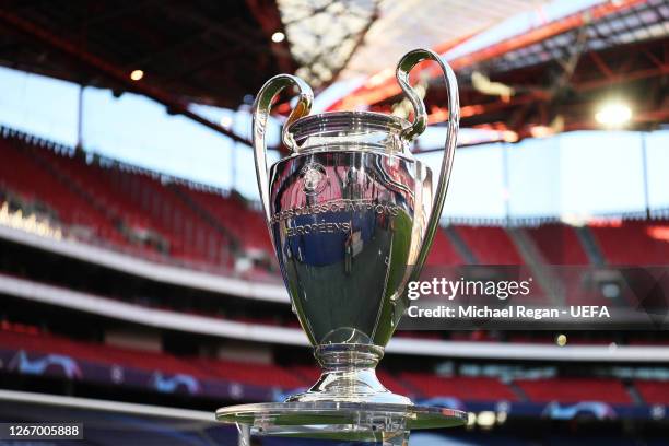 The UEFA Champions League Trophy is seen pitch side prior to the UEFA Champions League Semi Final match between RB Leipzig and Paris Saint-Germain...