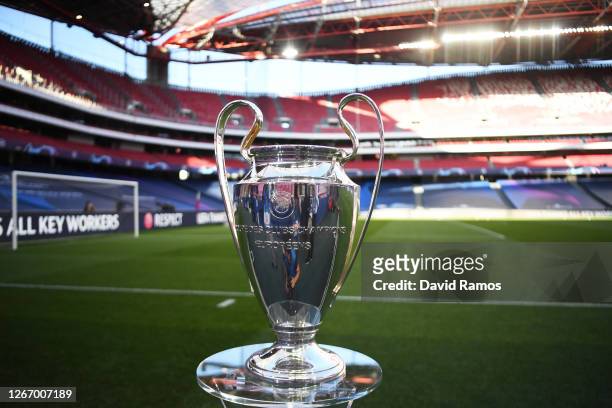The UEFA Champions League Trophy is seen pitch side prior to the UEFA Champions League Semi Final match between RB Leipzig and Paris Saint-Germain...