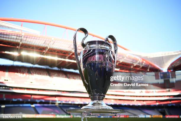 The UEFA Champions League Trophy is seen pitch side prior to the UEFA Champions League Semi Final match between RB Leipzig and Paris Saint-Germain...