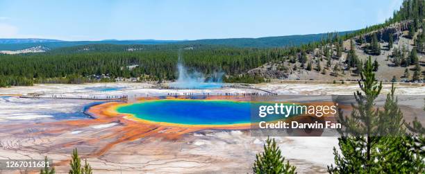 grand prismatic spring panorama, midway geyser, yellowstone national park - fuente-grand-prismatic fotografías e imágenes de stock