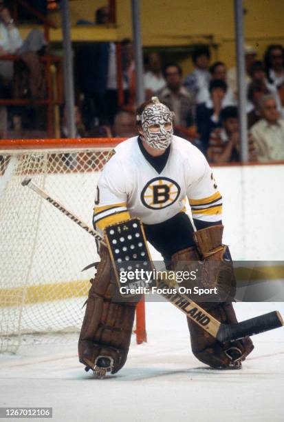 Gerry Cheevers of the Boston Bruins defends his goal during an NHL Hockey game circa 1979 at the Boston Garden in Boston, Massachusetts. Cheevers...