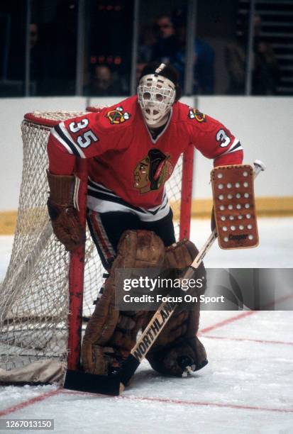 Tony Esposito of the Chicago Blackhawks defends his goal against the New York Rangers during an NHL Hockey game circa 1978 at Madison Square Garden...