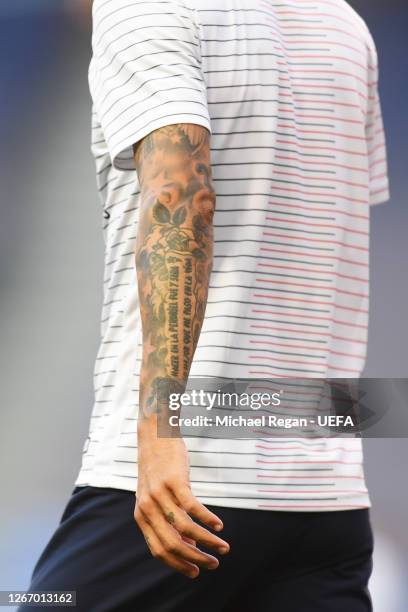 Detailed view of the tattoos on Angel Di Maria of Paris Saint-Germain arm prior to the UEFA Champions League Semi Final match between RB Leipzig and...