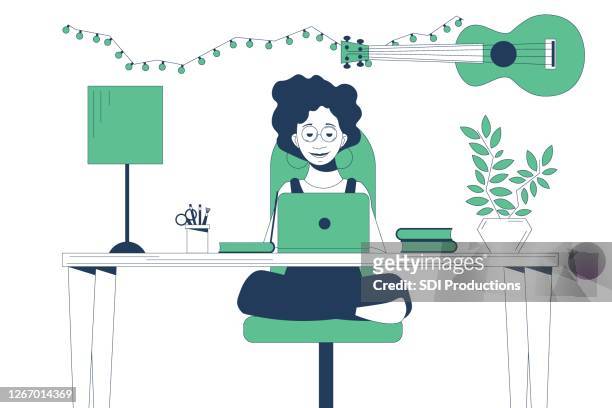 teenage girl learns from home during covid-19 - digital native stock illustrations