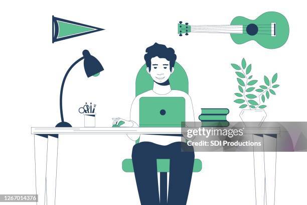 Teenage Boy Works On Homework Assignment High-Res Vector Graphic ...