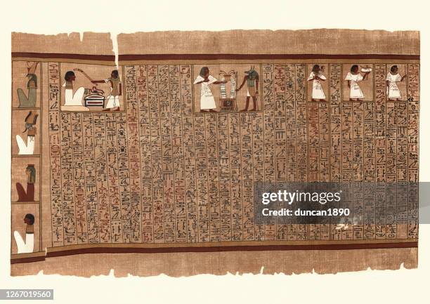 ancient egyptian papyrus, ani making offering to anubis - anubis stock illustrations