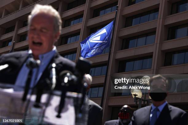 Sen. Chris Van Hollen speaks during a news conference on postal service outside the U.S. Postal Service Headquarters on August 18, 2020 in...