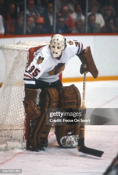 Tony Esposito of the Chicago Blackhawks defends his goal against the Vancouver Canucks during an NHL Hockey game circa 1982 at Chicago Stadium in...
