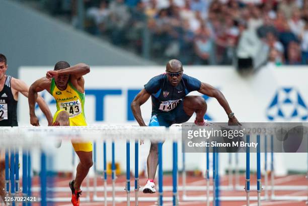 Allen Johnson of the United States of America during the heats of men's 110m hurdles at The 9th IAAF World Athletics Championships at the Stade de...