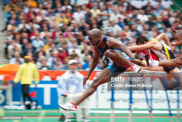 Allen Johnson of the United States of America during the semi final of the men's 110m hurdles at The 9th IAAF World Athletics Championships at the...
