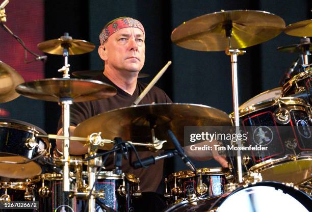 Neil Peart of Rush performs at Shoreline Amphitheatre on July 10, 2004 in Mountain View, California.