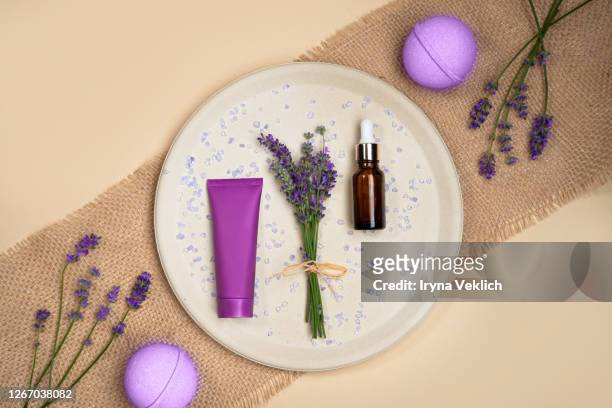 lavender bath bombs, beauty cosmetics products and lavender flowers. - bath bomb stock pictures, royalty-free photos & images