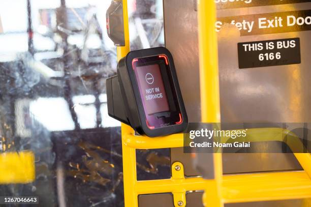 View of the OMNY contactless fare payment system inside an MTA bus as the city continues Phase 4 of re-opening following restrictions imposed to slow...