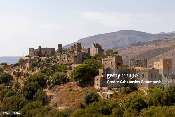 View of the tower houses in Vathia village on August 12, 2020 in Mani, Greece.