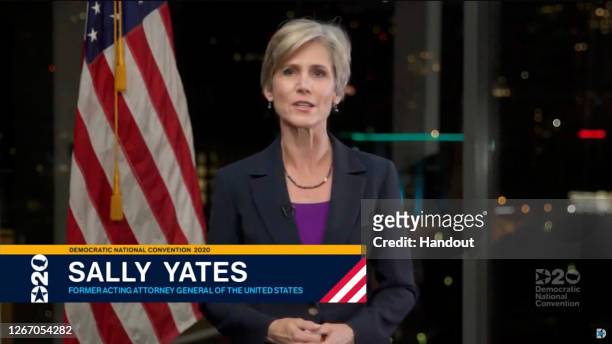 In this screenshot from the DNCC’s livestream of the 2020 Democratic National Convention, Former Acting Attorney General Sally Yates addresses the...