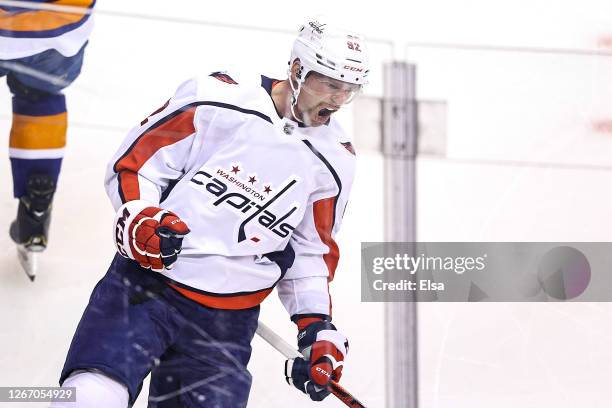 Evgeny Kuznetsov of the Washington Capitals celebrates after scoring a goal at 3:35 against the New York Islanders during the second period in Game...