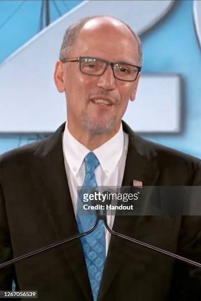In this screenshot from the DNCC’s livestream of the 2020 Democratic National Convention, Chairman of the Democratic National Committee Tom Perez...