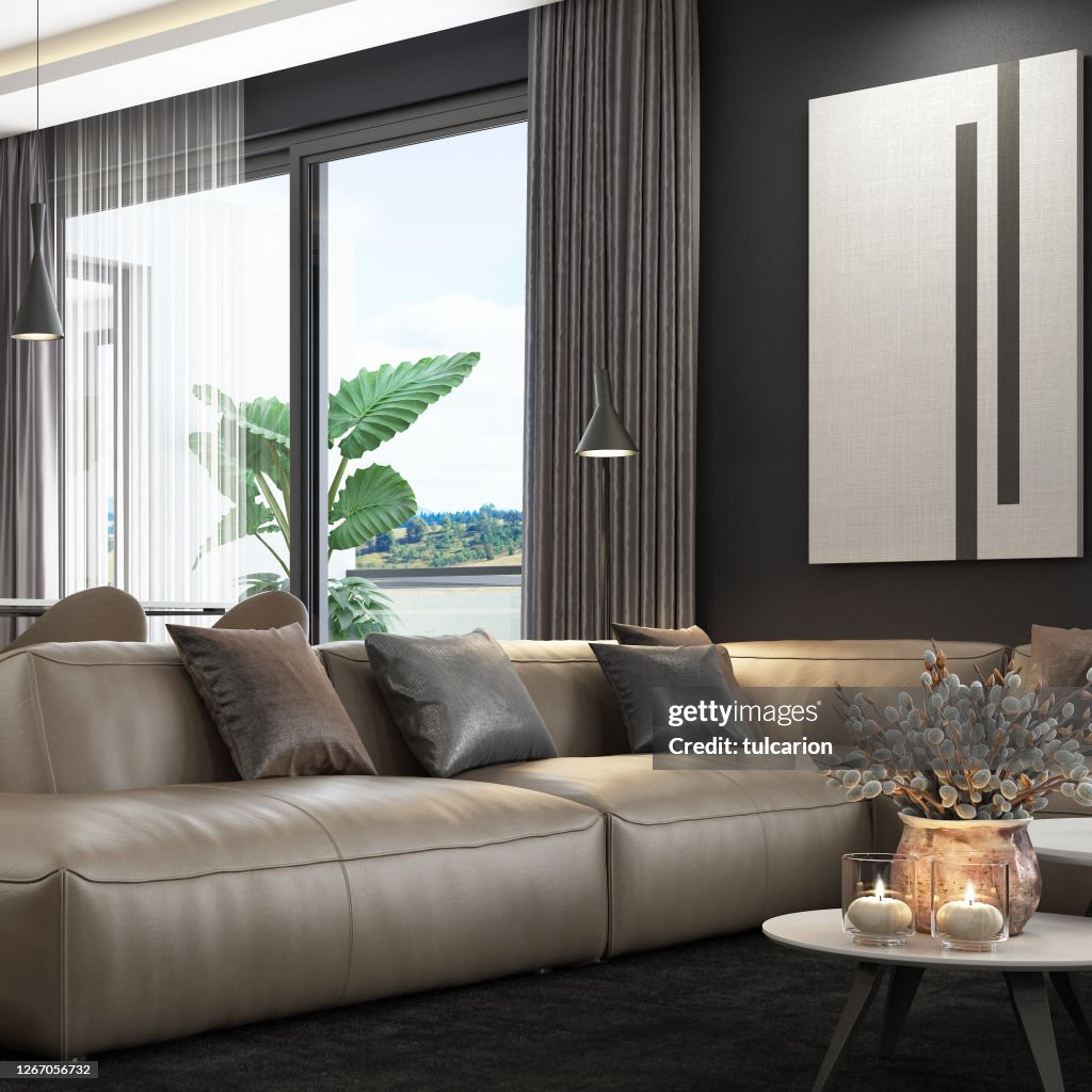 Luxury Dark Brown Penthouse Interior Living Room With Modern Minimalist ...