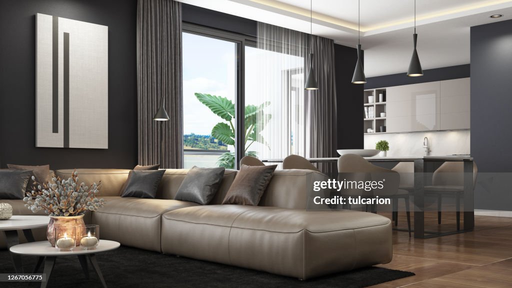 Luxury Dark Brown Penthouse Interior Living Room With Modern