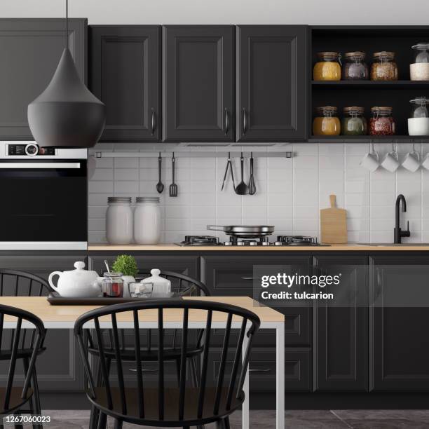modernt skandinaviskt kök och matsal med matt svart traditionell skåpdesign - cabinet bildbanksfoton och bilder