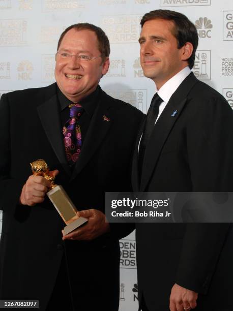 Winner John Lasseter with Steve Carell backstage at the 64th Annual Golden Globe Awards, January 15, 2007 in Beverly Hills, California.