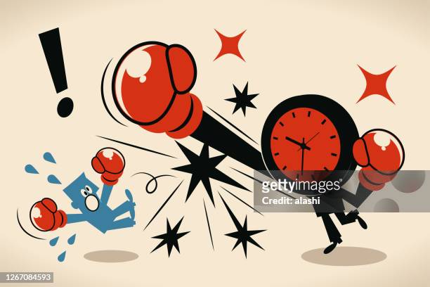 ilustrações de stock, clip art, desenhos animados e ícones de deadline, stress and time pressure concept; blue man is beaten up by an anthropomorphic time (clock) - desporto de combate