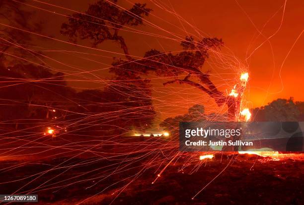 Embers blow off a burned tree after the LNU Lightning Complex Fire burned through the area on August 18, 2020 in Napa, California. The LNU Lightning...