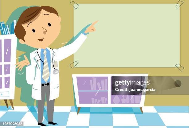 ilustraciones, imágenes clip art, dibujos animados e iconos de stock de médico explicando la enfermedad - programa de beneficios de medicamentos recetados