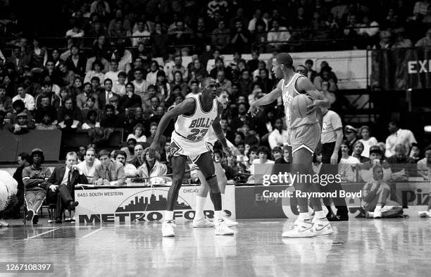 Chicago Bulls guard Michael Jordan plays defense during a game against the Cleveland Cavaliers at Chicago Stadium in Chicago, Illinois in January...