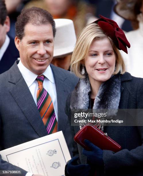 David, Viscount Linley and Serena, Viscountess Linley attend a service of thanksgiving to celebrate Queen Elizabeth II's and Prince Philip, Duke of...