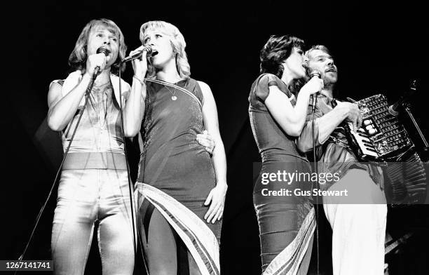 Bjorn Ulvaeus, Agnetha Faltskog, Anni-Frid Lyngstad and Benny Andersson of ABBA perform on stage at the Wembley Arena, London, England, on November5...