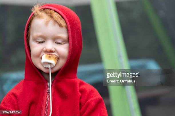 lindo pelirrojo niño asando y comiendo malvavisco sobre la fogata en el camping en verano - marshmallow fotografías e imágenes de stock