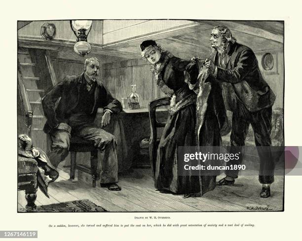 passengers below deck on sailing ship, victorian 19th century - man getting dressed stock illustrations