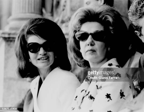 Jacqueline Onassis and the Duchess of Alba attending a bullfight, in the Seville Fair, Spain, 1966.