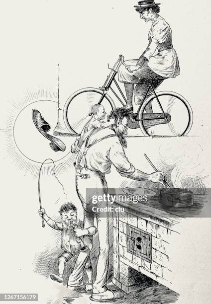 modern woman on a bicycle and her husband at home, cooking - mature woman hobby stock illustrations