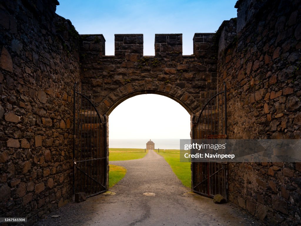 View of Mussenden Temple from Downhill Demesne's large masonry Gateway