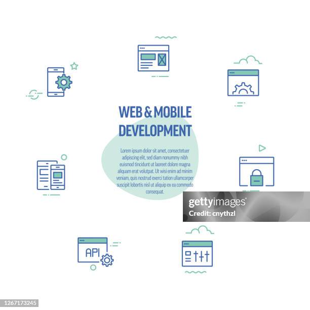 web and mobile development technology related line icons. modern line style design elements. - software engineers working on project stock illustrations