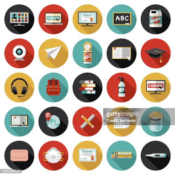 covid-19 back to school icon set - classroom mask stock illustrations
