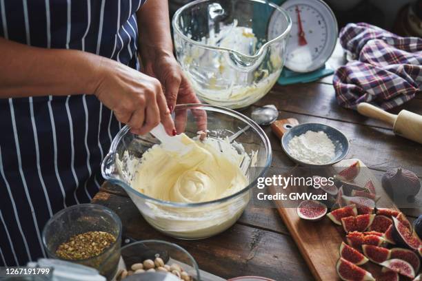 preparing fig tart with almond, pistachio and mascarpone - mascarpone stock pictures, royalty-free photos & images